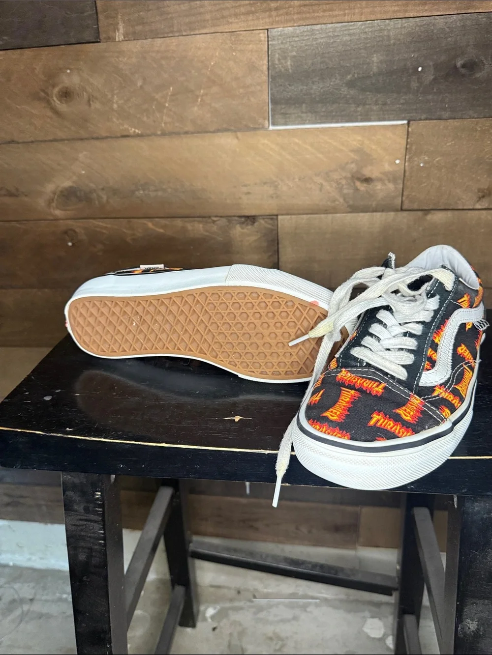 Vans Black Canvas Low-Top Sneakers with Orange Flame Pattern THRASHER